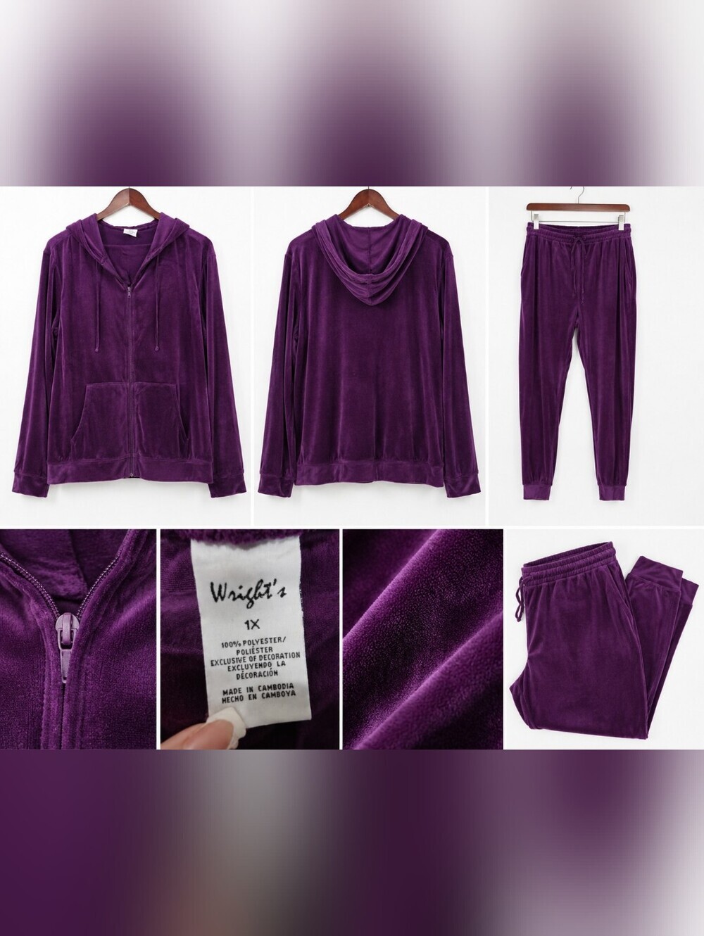 Wright's 2 Pc Velour Lounge Set Purple Hoodie Jacket Pants Plus Size 1X.